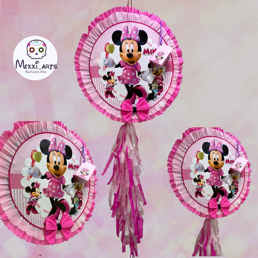Decorative fan with Minnie Mouse design on a pink background, featuring the brand 'Mexxi Arts'.